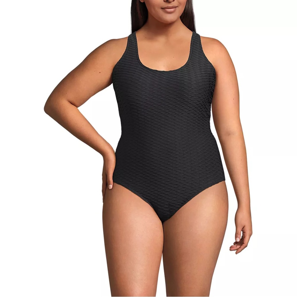 Lands' End Women's Plus Size Texture Tugless X-Back One Piece Swimsuit Black
